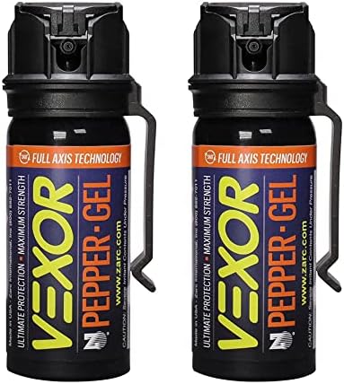 VEXOR® Pepper Gel from Zarc™, Maximum Strength Police Pepper Spray, Gel is The Future, Full Axis (360°) Technology Shoots from Any Angle 18-feet, Flip-top Safety aand Belt Clip Included (2 Pack)