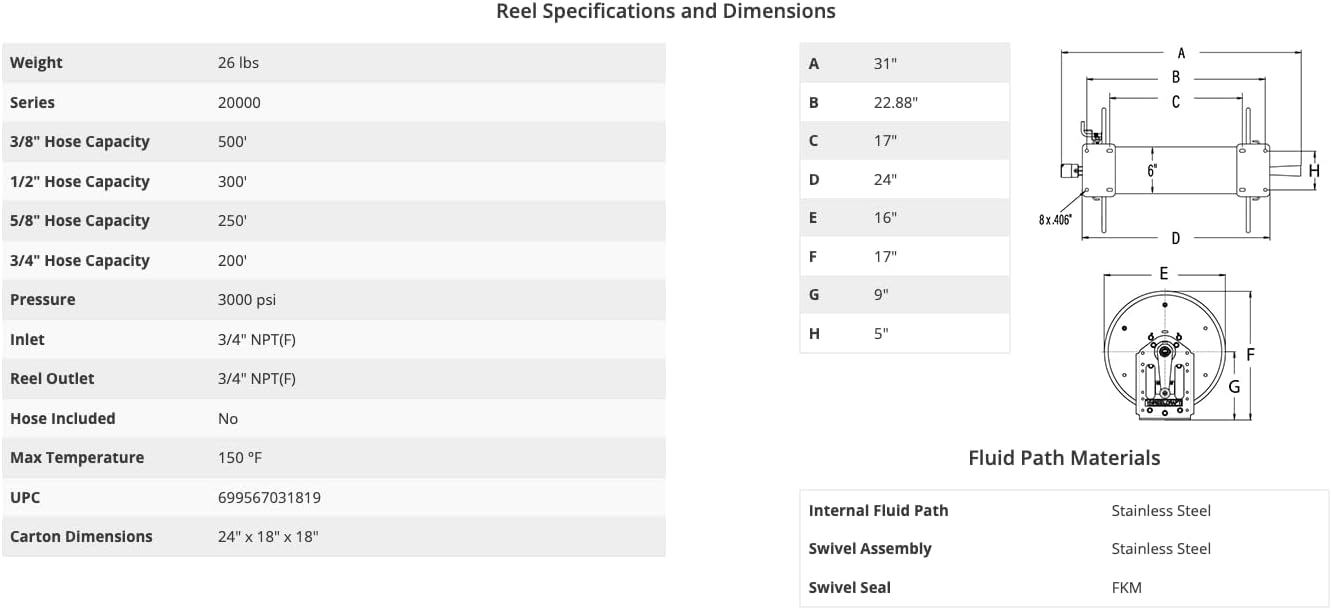Reelcraft C23018-310 - 3/4" x 200' Versatile Aluminum Spray Reel, 3000 psi, Stainless