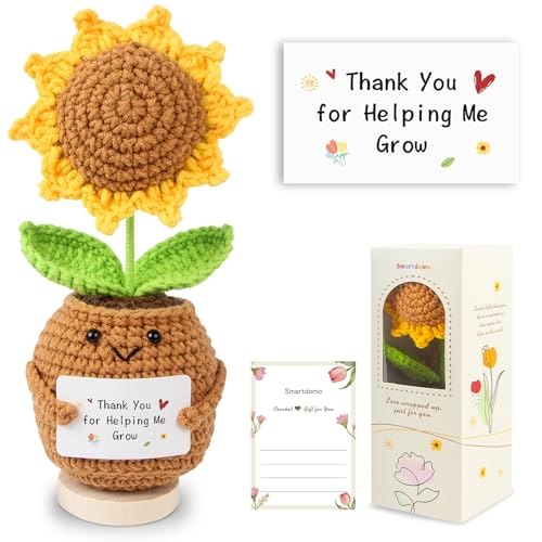 SmartDomo Teacher Appreciation Gifts Handmade Cute Sunflower Crochet Gift with Card Thank You for Helping Me Grow Graduation Retirement Birthday Thank You Gifts for Teachers Coworkers Boss Women Men