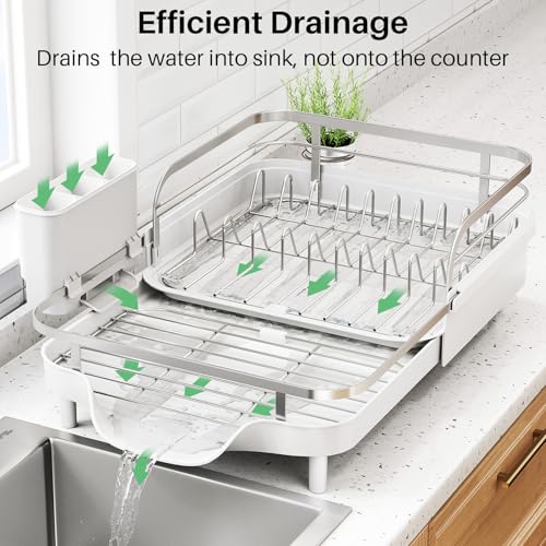Image of SNTD Dish Drying Rack, Expandable Dish Rack for Kitchen Counter, Stainless Steel Dish Drainer with Drainboard Set and Utensil Holder (White)