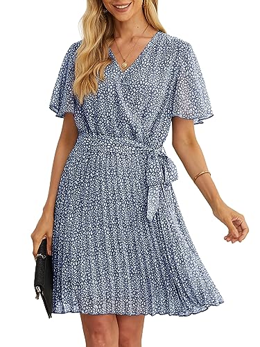 GRECERELLE Womens Summer Casual Wrap Dress Chiffon Floral Cute Pleated Beach Tie Waist Dresses for Women (PD Dark Blue, L)