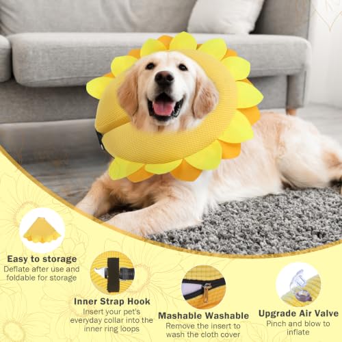 Image of SCENEREAL Inflatable Dog Cone Collar Alternative After Surgery | Soft Cone Collar for Large Dogs, Adjustable Recovery Donut to Prevent Licking, Sunflower Print E-Collars,L