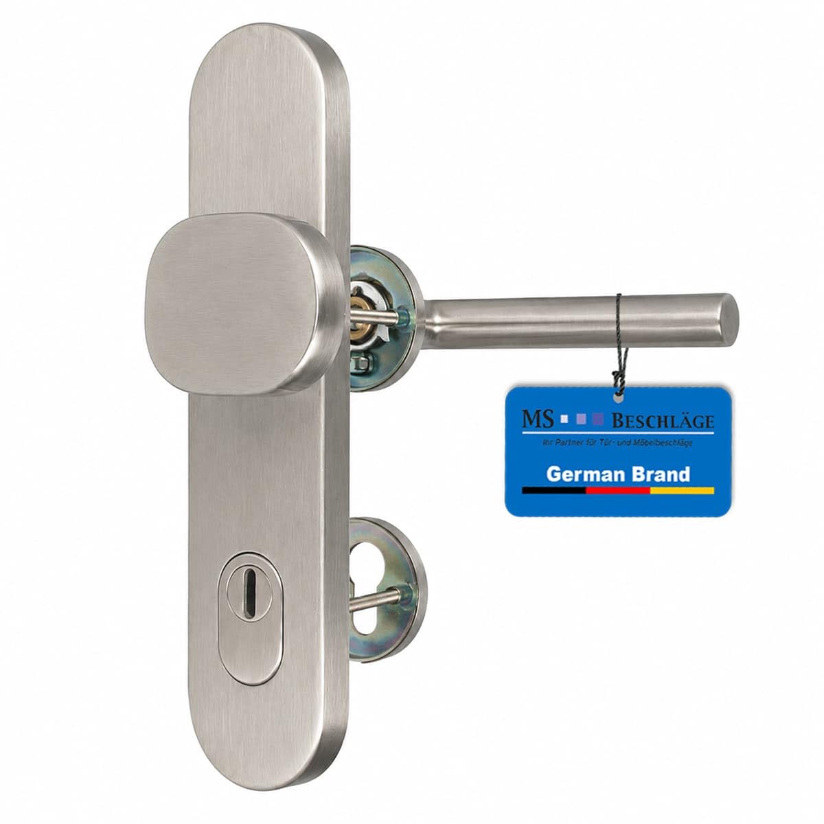 MS Beschläge Haustür Wechselgarnitur Edelstahl 10/92mm mit Kernziehschutz - Schutzbeschlag mit Außenschild und Innenrosetten - Kombibeschlag Türdrücker PZ matt geb. (Griffplatte/Drücker, DIN rechts)