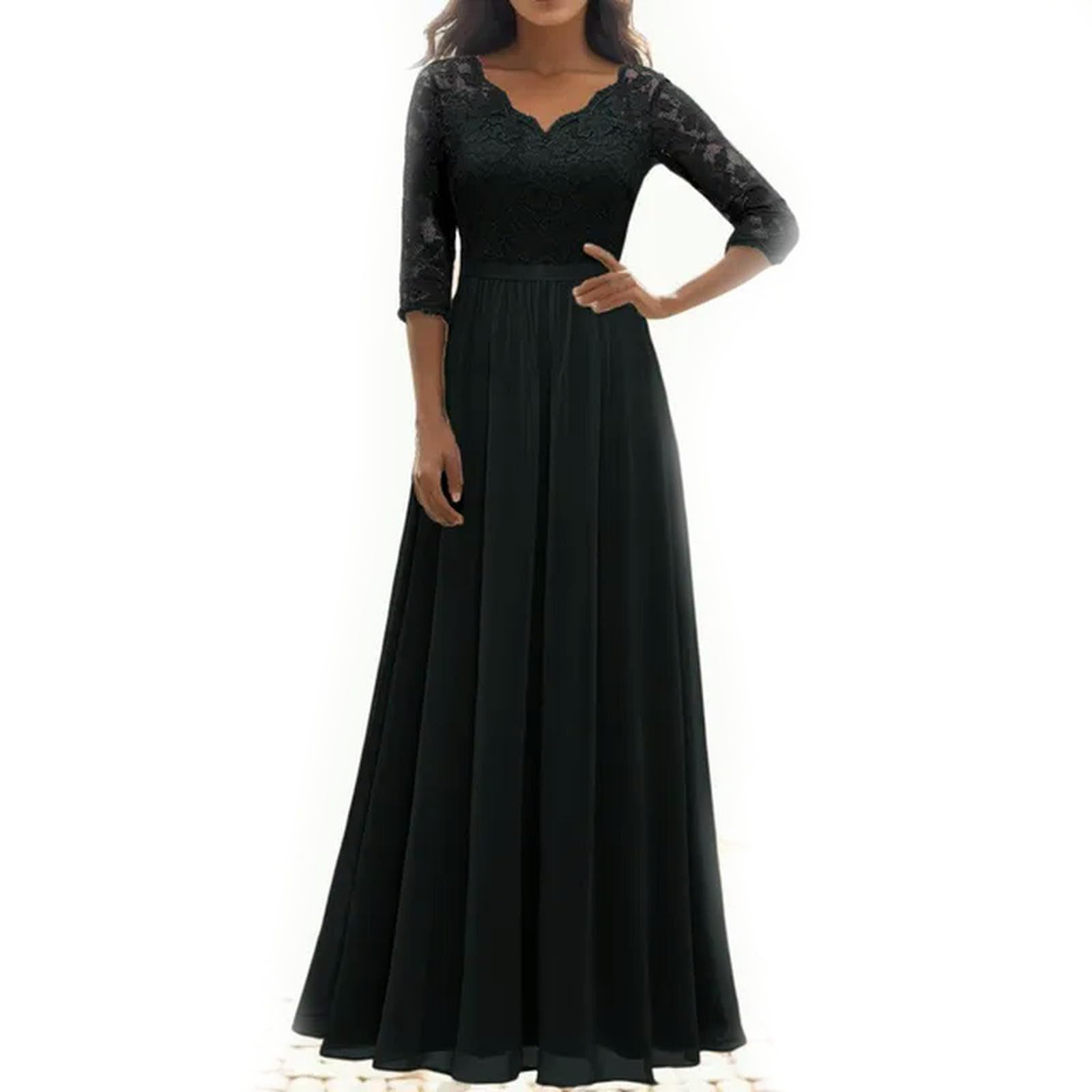 ARESU Vestido Elegante de Gasa de Encaje para Mujer, Vestido Largo Liso de Manga 3/4 con Agujeros, Corte en A, Vestidos Formales para Bata de Invitados de Boda