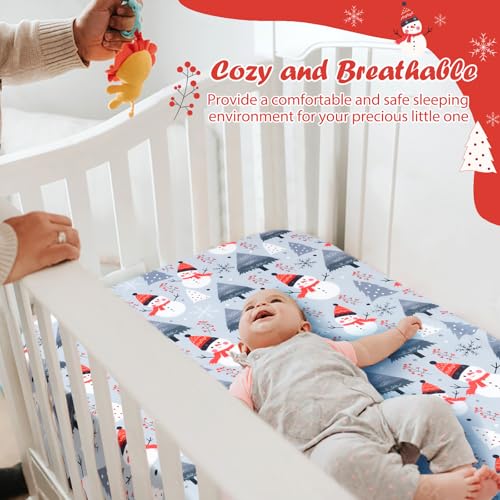 Image of JISEN Christmas Crib Sheet Snowman Fitted Crib Sheet for Boys Girls Crib Mattress Cover Baby Sheet for Standard Crib and Toddler Mattress Soft Breathable Baby Bed Sheet for Neutral 52x28 Inch Grey