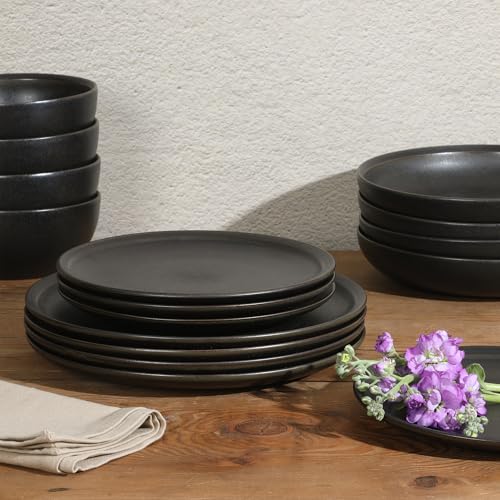 Image of Gibson Elite Beckett Stoneware Matte Reactive Glaze 16 Piece (Service for 4) Plates and Bowls Dinnerware Set - Black