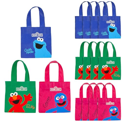 Fun Express Sesame Street Party Favor Bags (12 Pack) 6x6 Mini Tote Bags with Handles for Kids Birthday Elmo Cookie Monster Grover Goodie Bags Toddler Treat Gifts