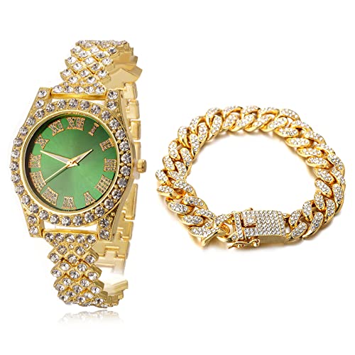 Image of Halukakah Diamonds Gold Watch Iced Out, Kid's 18K Real Gold /Platinum White Gold Plated 36MM Width Green /Blue /Red Dial Quartz Wristband 8 inch with Cuban Link Chain 7 inch+16 inch Bracelet, Free Giftbox