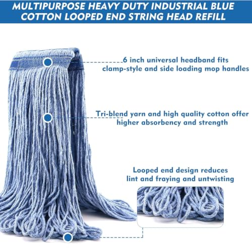 Image of 24 oz Loop-End Cotton String Mop Head, Heavy Duty String Mop Refills, 6 Inch Headband, Mop Head Replacement for Home, Industrial and Commercial Use (blue-6pc)