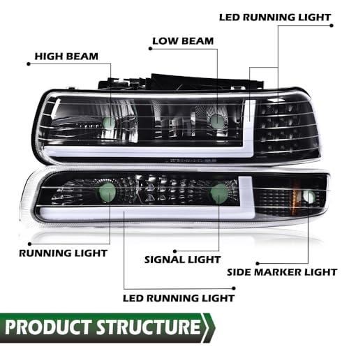 Image of GRAND ORANGE LED Headlight Assembly Compatible with Chevy Silverado 1500 2500 1999-2002, Fit Suburban 1500 2500 Tahoe 2000-2006 GM2502187, GM2503187, 16526134 Clear lens Black Housing Amber Reflector