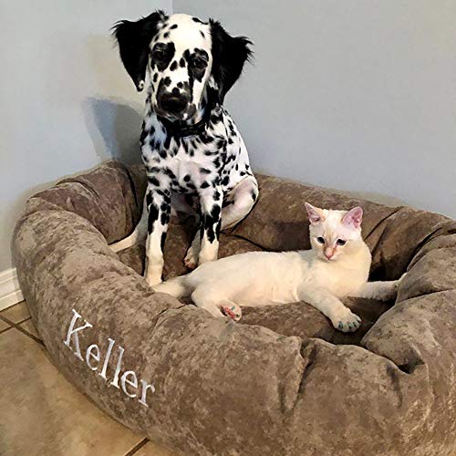 Image of Majestic Pet Personalized Bagel Dog Bed - Machine Washable - Soft Comfortable Sleeping Mat - Durable Supportive Cushion Custom Embroidered - Available Replacement Covers - Large Grey Brown