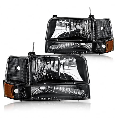 DimFlux Headlight Assembly Headlights Kit Compatible with 1992-1996 Ford F150 F250 F350/1992-1996 Bronco Replacement Headlamp Bumper Lamp Set Black Housing Amber Reflector