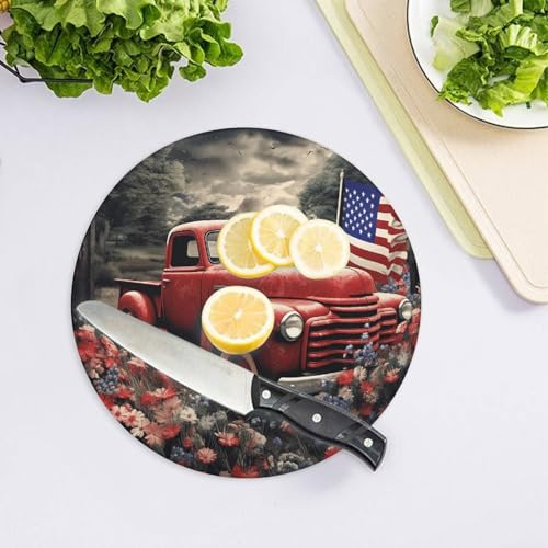 Tabla de cortar redonda patriótica del 4 de julio con camión antiguo rojo, de vidrio templado irrompible, 20 cm, no porosa, resistente al calor y a los arañazos, para preparación y servicio de alimentos miniatura 4