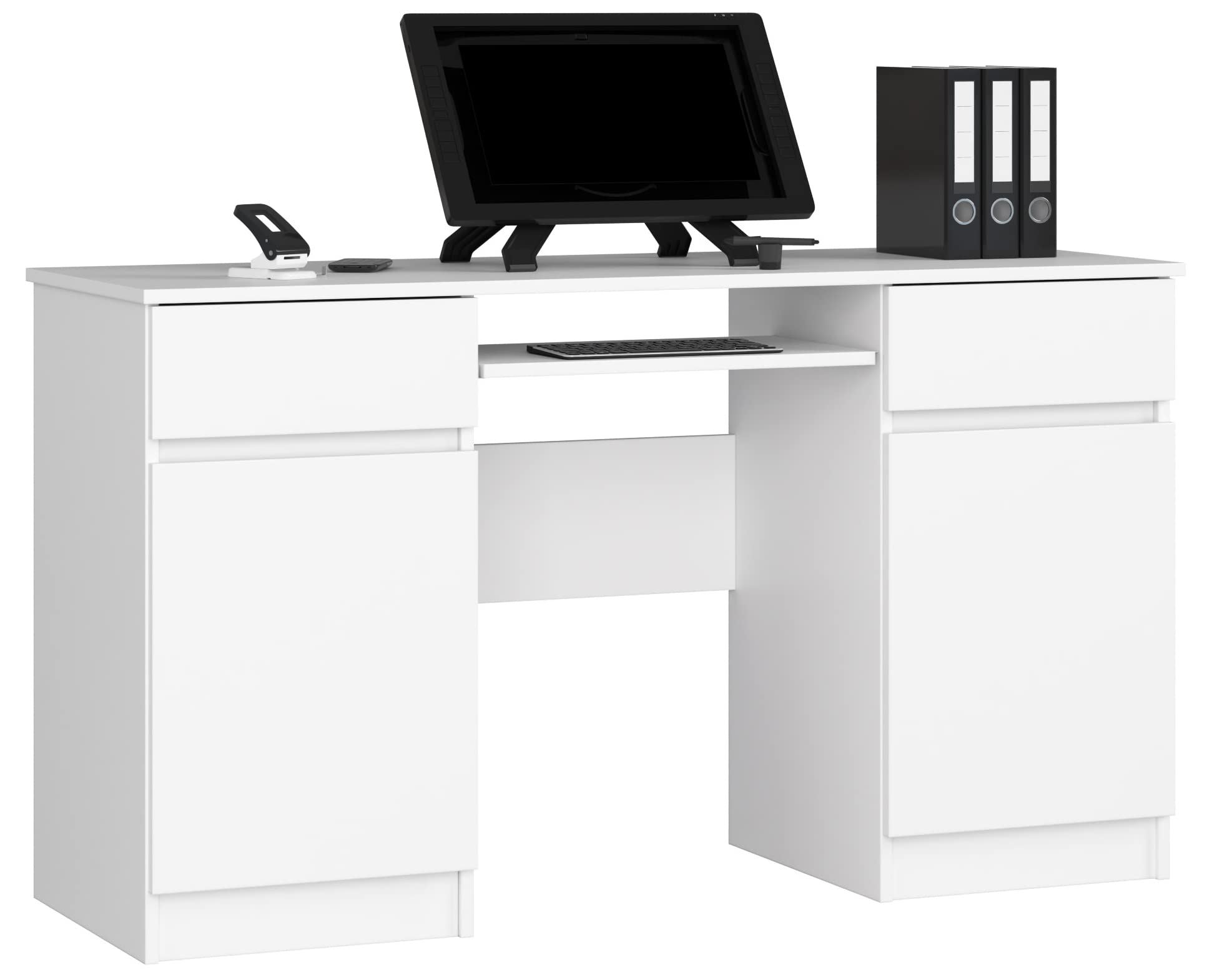 Scrivania A5 Con Ripiano per Tastiera | Office Desk | 2 Cassetti e 2 Ripiani ad Anta | Scrittoio per Ufficio | Per Computer PC Laptop | L135 x H77 x P50 cm, 58 kg | Bianco