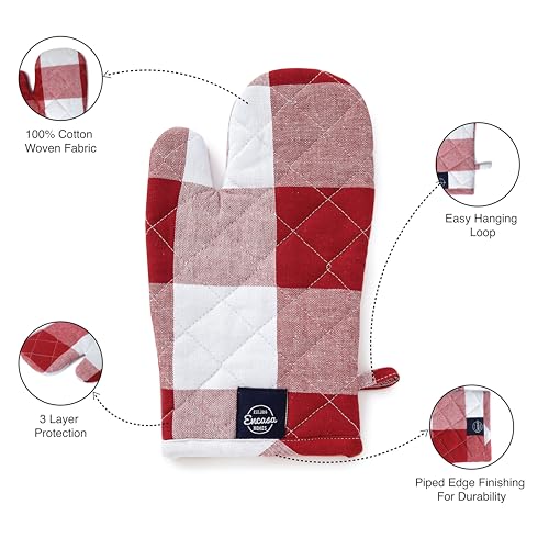 Image of Encasa XO Oven Gloves for Microwave (2 pc Set) - Heat Proof, Thick & Safe | Longer 18x30 cm Mittens for Protection in Kitchen Cooking & Baking - Buffalo Red Checks