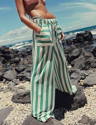Women Drawstring Waist Stripe Wide Leg Pants Palazzo Pants for Women Casual Trousers Lounge Pants with Pockets3