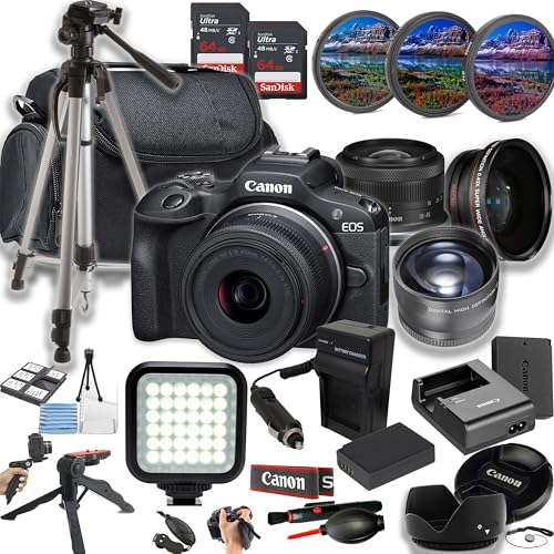 Canon EOS R100 Mirrorless Camera w/18-45mm STM Lens + LED Light + 128GB Memory + Lenses + Filters + Case + Tripod + Grips + Added Power, and More (28pc Bundle) (Renewed)
