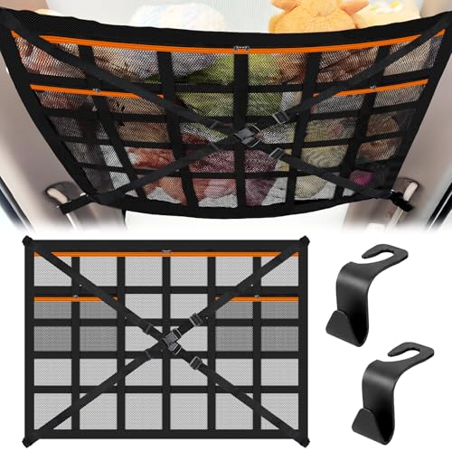 EZVEZS Cargo Net for Van Campervan SUV Large Capacity Car Ceiling Storage Net with Zipper Adjustable Roof Cargo Pocket Organizer for Camping Jeep Truck and Most Car Models