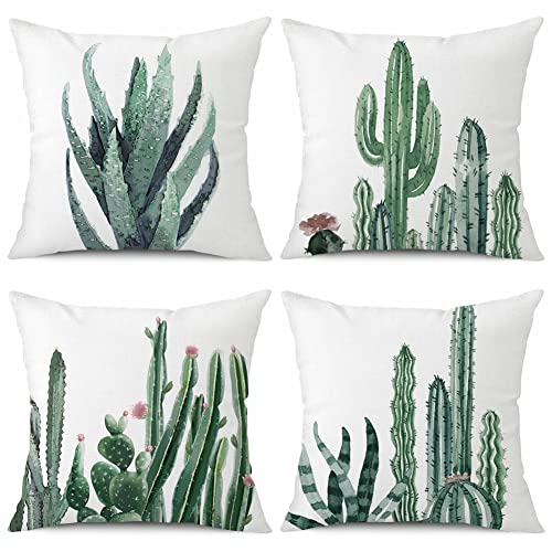 Ohok Juego de 4 fundas de cojín decorativas de 45 x 45 cm, color blanco, poliéster y lino, con cremallera oculta, juego de fundas de cojín para dormitorio, salón, sofá, coche, planta, cactus Cover