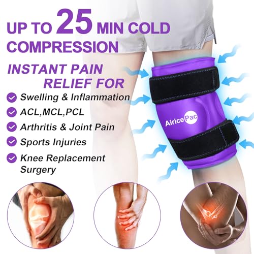 Image of AiricePac Ice Pack for Knee Pain Relief, Reusable Gel Ice Wrap for Injuries, Swelling, Knee Replacement Surgery, Cold Compress Therapy for Arthritis, Meniscus Tear and ACL, Purple
