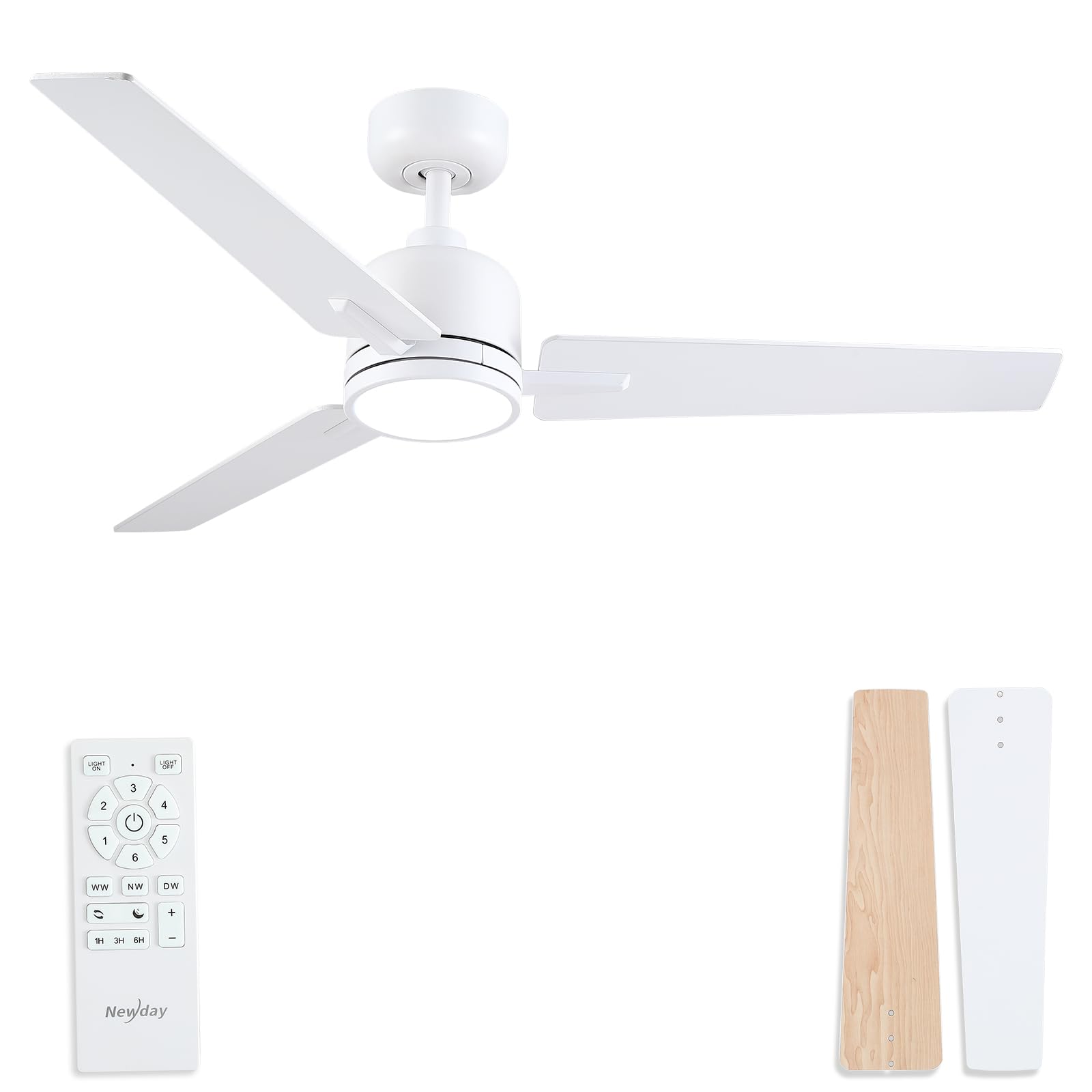 Newday 122cm Ventilador de Techo Blanco y Madera con Luz y Mando, Reversibles 3 MDF Aspas, Silencioso DC Motor, Lámpara Dimmer, 3 Temporizadores para Dormitorio Sala de Estar Cocina Terrazza