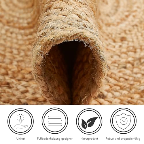 -LUXOR- living Teppich Mamda - Runder Jute Teppich alle Wohnbereiche oder als Dekoelement - Uni Farben Boho Naturteppich - aus Jute und Baumwolle 60 cm rund