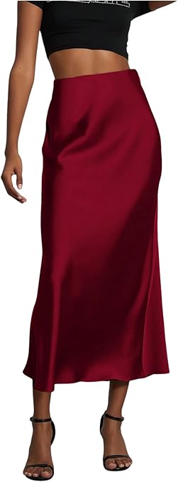 SOLY HUX Women's Elegant Satin Skirts High Waisted Flared Casual Work Office Fishtail Midi Skirt
