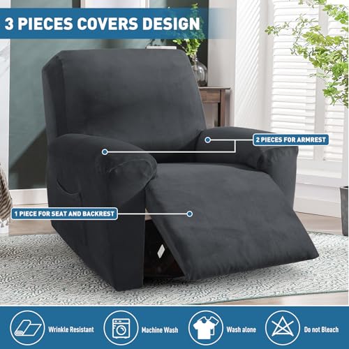 Image of ZNSAYOTX 2026 Velvet Oversized Recliner Cover 3-Piece, Luxury Plush Recliner Chair Covers with Elastic Band & Ties Stay in Place, Stretch Reclining Slipcover for Lazy Boy Soft Washable (Black)