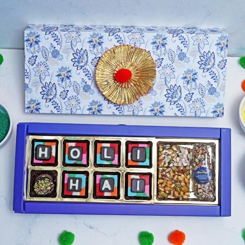 Image of Velvet Fine Chocolates Premium Holi Chocolate Gift sweet tint box 7 assorted chocolates,1 pistachio truffle, 2 seeds squares,1 almond finger Holi Gift Pack for Kids, Family, Friends, Employees