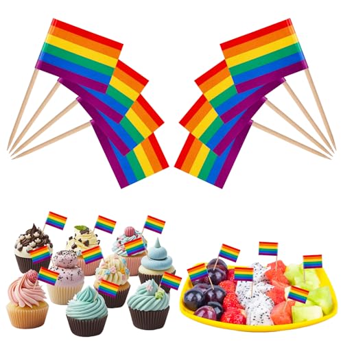 200pcs Toothpick Rainbow Flags, Mini LGBT Cupcake Toppers Rainbow Toothpicks Progress Pride Cupcake Toppers Rainbow Cocktail Toothpicks for Rainbow Carnival Party Decor