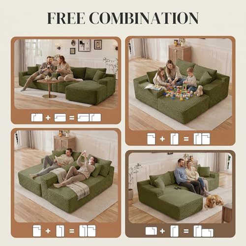 Image of 95 inch L Shaped Cloud Boneless Sectional Couches for Living Room, Modern Comfy Modular Deep Seat Memory Foam Compressed Corduroy Sofa Oversized Left Facing Chaise, No Assembly Required, Green