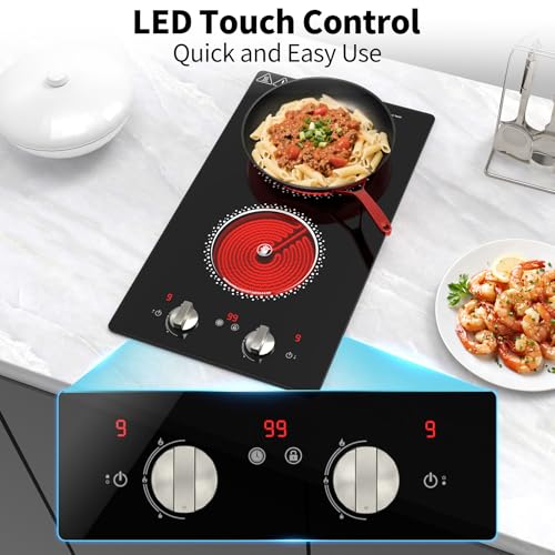 Image of 2 Burner Electric Cooktop - 12 Inch Electric Stove Top with Plug, 2100W Countertop Burners & Built-In Stove Top, 9 Levels of Power, Knob Control, Timer & Kid Safety Lock, Residual Heat Warning