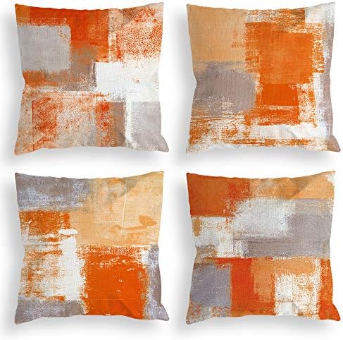 COLORPAPA Orange Grey Throw Pillow Covers 18x18 Set of 4 Decorative Cushion Cover Beige Abstract Art Painting Pillowcase for Sofa Bedroom Living Room Décor