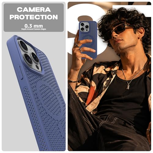 Image of Pikkme Back Cover for iPhone 15 Pro Max | Honeycomb Cooling Design | Silicone Heat Dissipation | Mag-Safe Compatible | Shockproof Camera Protection Bumper Case (Blue)