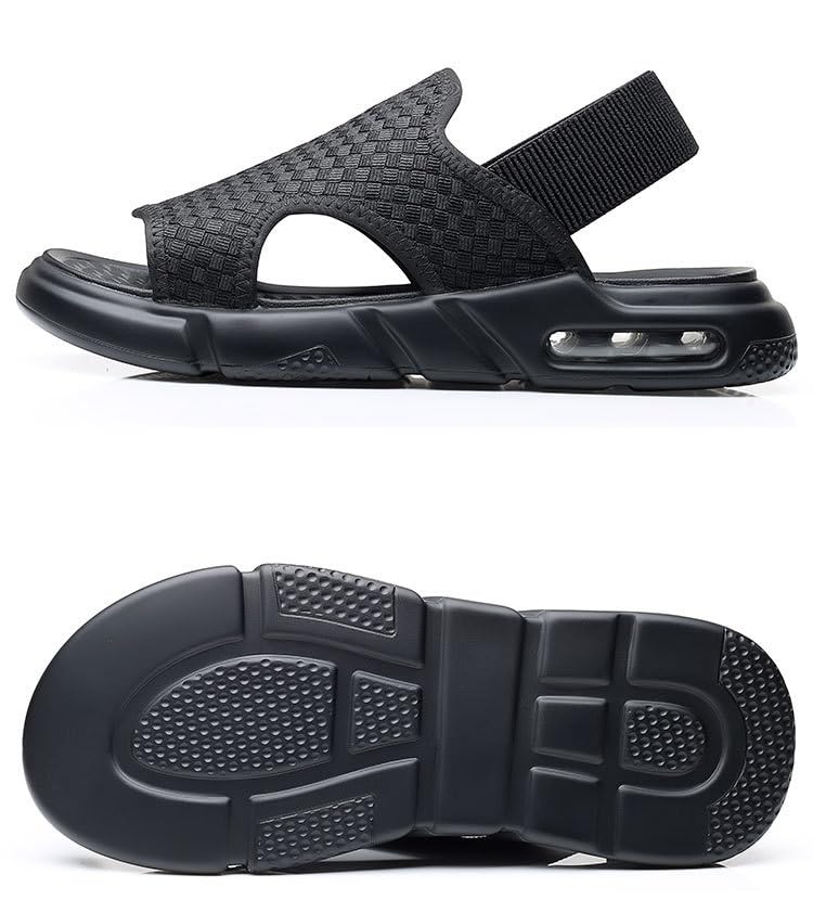 Men's Black Soft Sole Woven Summer Sandals, Air Cushion Shock Absorption Non-slip Outdoor Water Shoes2