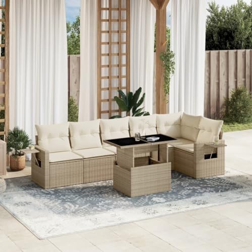 QJBSAVVA 7-teiliges Garten-Lounge-Set Beige Poly-Rattan 62x62x69 cm...