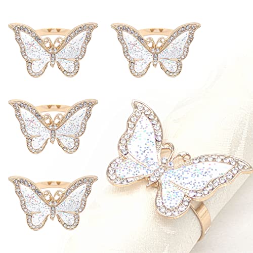 Rhinestone Butterfly Napkin Rings Set of 4, Insect Brass Gold Napkin Holder Buckle for Daily Table Parties,Birthday, Weddins, Christmas, Thanksgiving, Valentine's Day, Serviette Decoration
