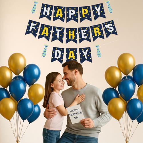 Image of Happy Father's Day Glitter Black Beer Bunting Banner for Dad Father's Party Decorations Backdrop Garland for Father's Day (Blue Tie Dark Blue)