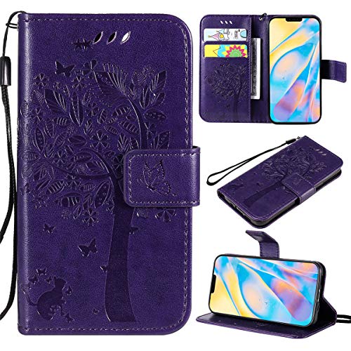 XYX Wallet Case for Oppo Realme 6 Pro, Embossed Cat Butterfly Flowers Flip Cover Case for Oppo Realme 6 Pro, Purple