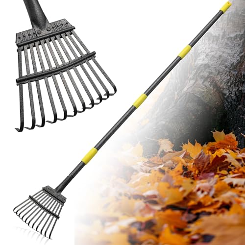 FLY HAWK Rechen, 152cm Laubrechen mit Verstellbar Stiel, Gartenrechen mit 22cm Kleinem Schmalen Rechenkopf und 11 Zinken, Rasenrechen für Erwachsene Kinder für Garten, Rasen, Strauch, Gras, Mulch
