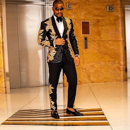 2 Piece Sequin Men's Suit Gold Slim One Button Blazer Jacket Pants Sets for Prom, Party,Dinner4