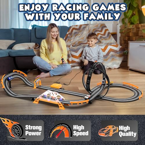 Image of Slot Car Race Track Sets with 4 Slot Cars, Electric Race Car Track Include Slope Circular Overpass Track, Dual Racing Game Featuring Flash Bridge and Pendulum, Gifts Toys for Boys Kids Age 6 7 8-12