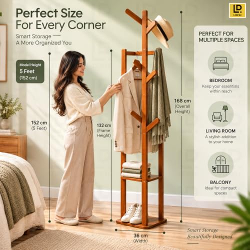 Image of LEOPAX Premium Bamboo Coat Hanger Stand with 2 Storage Shelves & 6 Hooks, Freestanding Clothes Rack for Coats, Scarves, Handbags & Accessories, Dark Brown, 36 x 36 x 168 cm