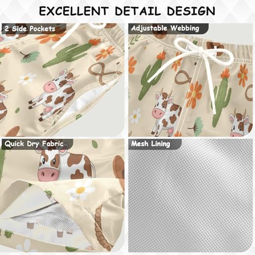 Boy Swim Trunks Cow Cactus Flower Rope Quick Dry Bathing Suit Swimsuit Toddler Beach Board Shorts,2T4