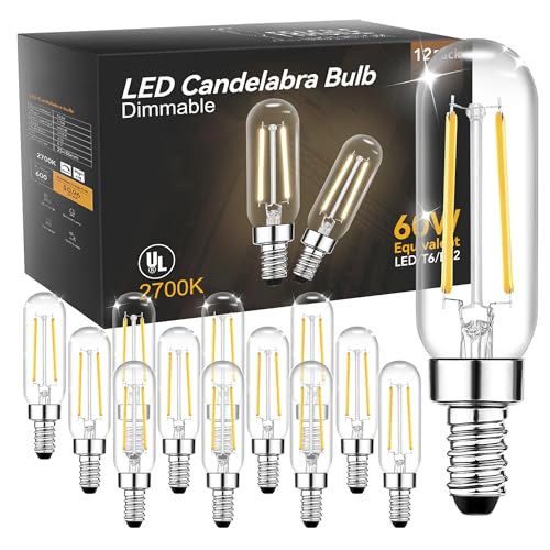 TJOY E12 Candelabra LED Bulb 60W Equivalent Dimmable 2700K Soft Warm White Small Base T6 Clear Edison Bulb 5.5W Vintage T25 Decorative for Chandelier Ceiling Fan Wall Sconce 600lm 12packs
