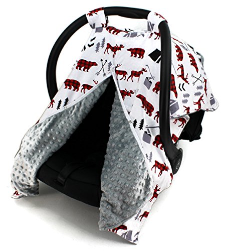 Image of Dear Baby Gear Carseat Canopy - Car Seat Cover w/Snap Opening for Girls & Boys - Infant Car Chair Canopies - Floral & Farm Prints - Nursing Covers -37"x29" (Woodland Adventure Bear Moose,Grey)