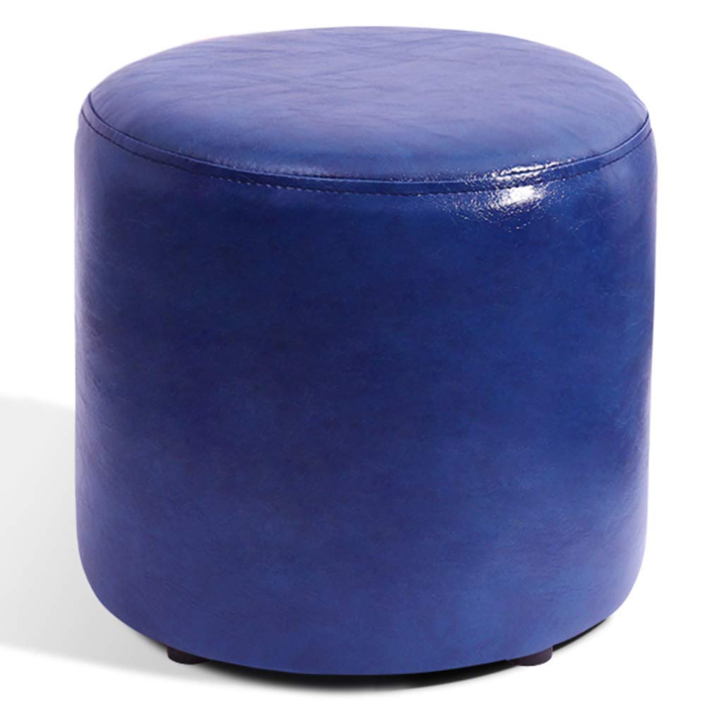 Pouf en bois massif carré et cuir bleu au rembourrage dense