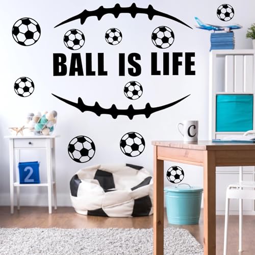 Football Wall Decals Vinyl Soccer Wall Stickers Removable Sport Ball Wall Decals Black Football Laces Stitches Decal Football Wall Stickers for Boys Bedroom Teens Room Kids Playroom Decor