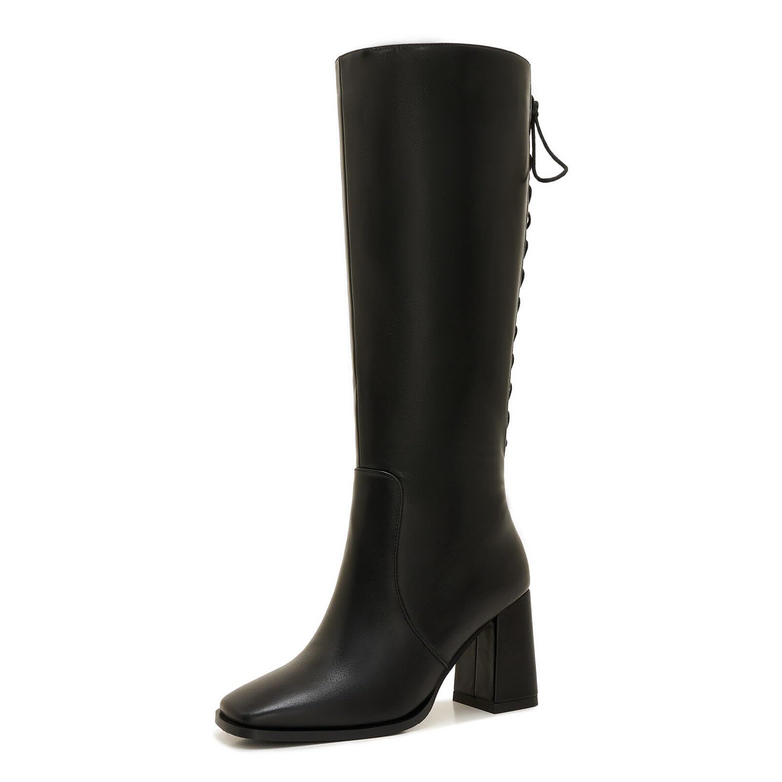 Womens Wide Calf Knee High Boots Plus Size Faux Leather Boots with Adjustable Lace-Up Back Zipper Square Toe