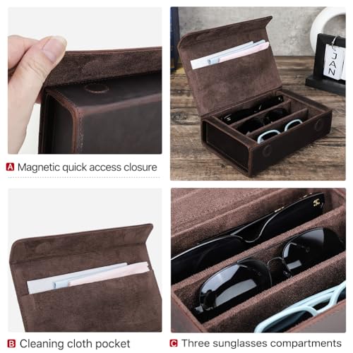 Image of CONTACTS Genuine Leather Sunglasses Travel Case Hard Eyeglasses Box Vintage Eyewear Holder Travel Accessories